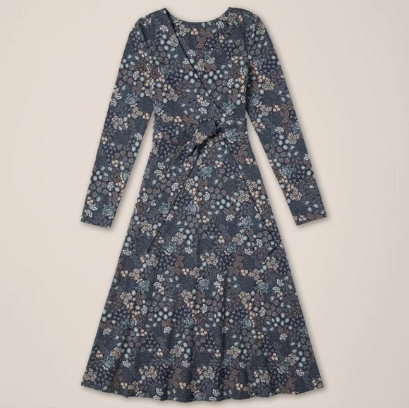 NWOT Pact Organic Fit & Flare Wrap Dress in Mountain Meadow Midnight Blue size M - Picture 4 of 5